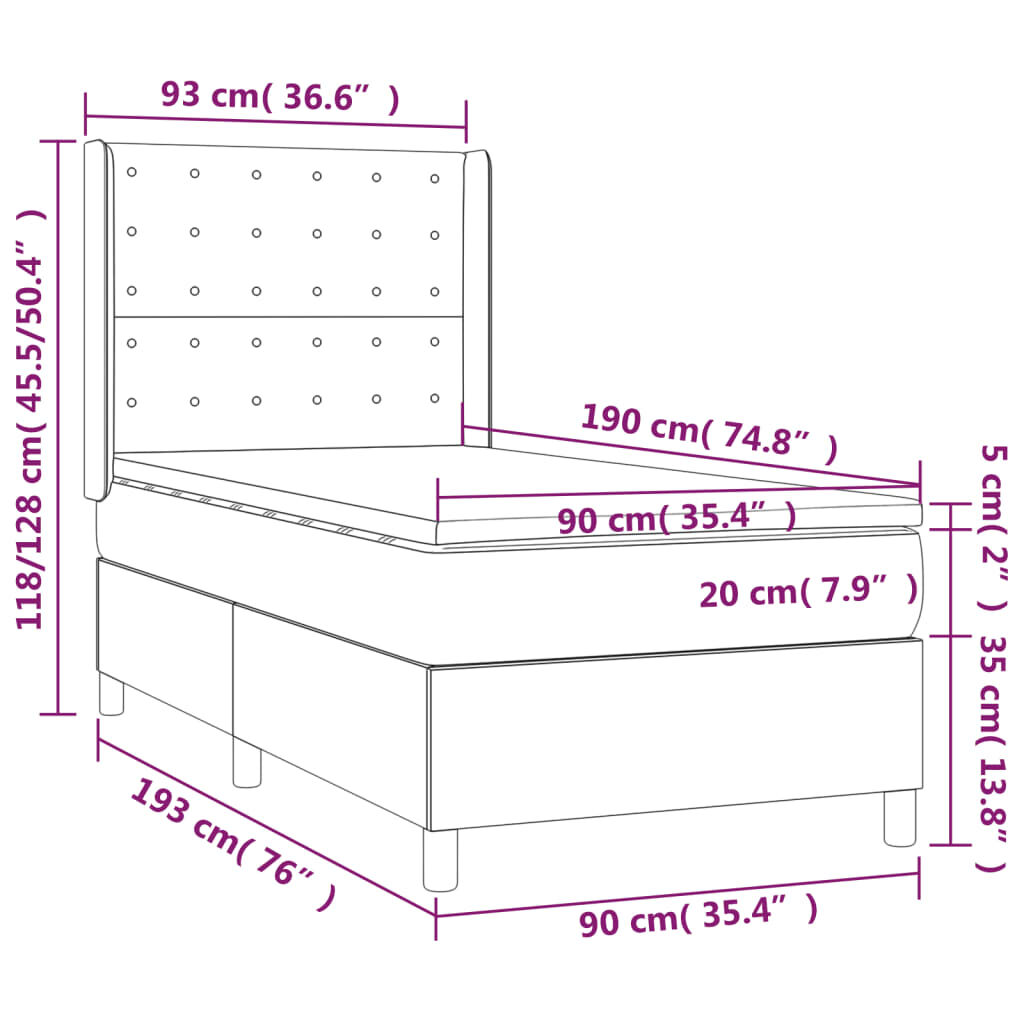 Κρεβάτι Boxspring με Στρώμα & LED Κρεμ 90x190 εκ. Συνθ. Δέρμα