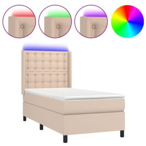 Κρεβάτι Boxspring Στρώμα&LED Καπουτσίνο 90x190 εκ. Συνθ. Δέρμα