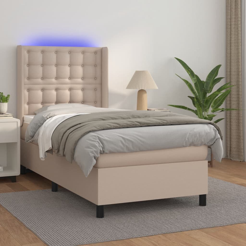 Κρεβάτι Boxspring Στρώμα&LED Καπουτσίνο 90x190 εκ. Συνθ. Δέρμα