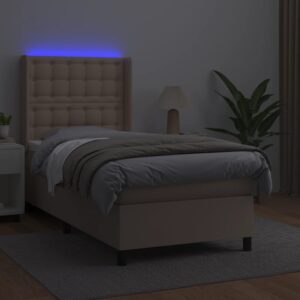 Κρεβάτι Boxspring Στρώμα&LED Καπουτσίνο 90x190 εκ. Συνθ. Δέρμα