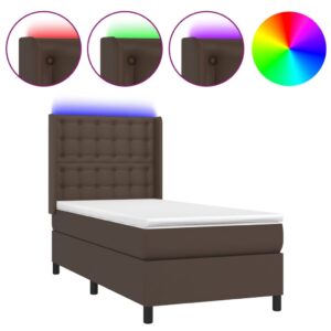 Κρεβάτι Boxspring με Στρώμα & LED Καφέ 90x200 εκ. Συνθ. Δέρμα