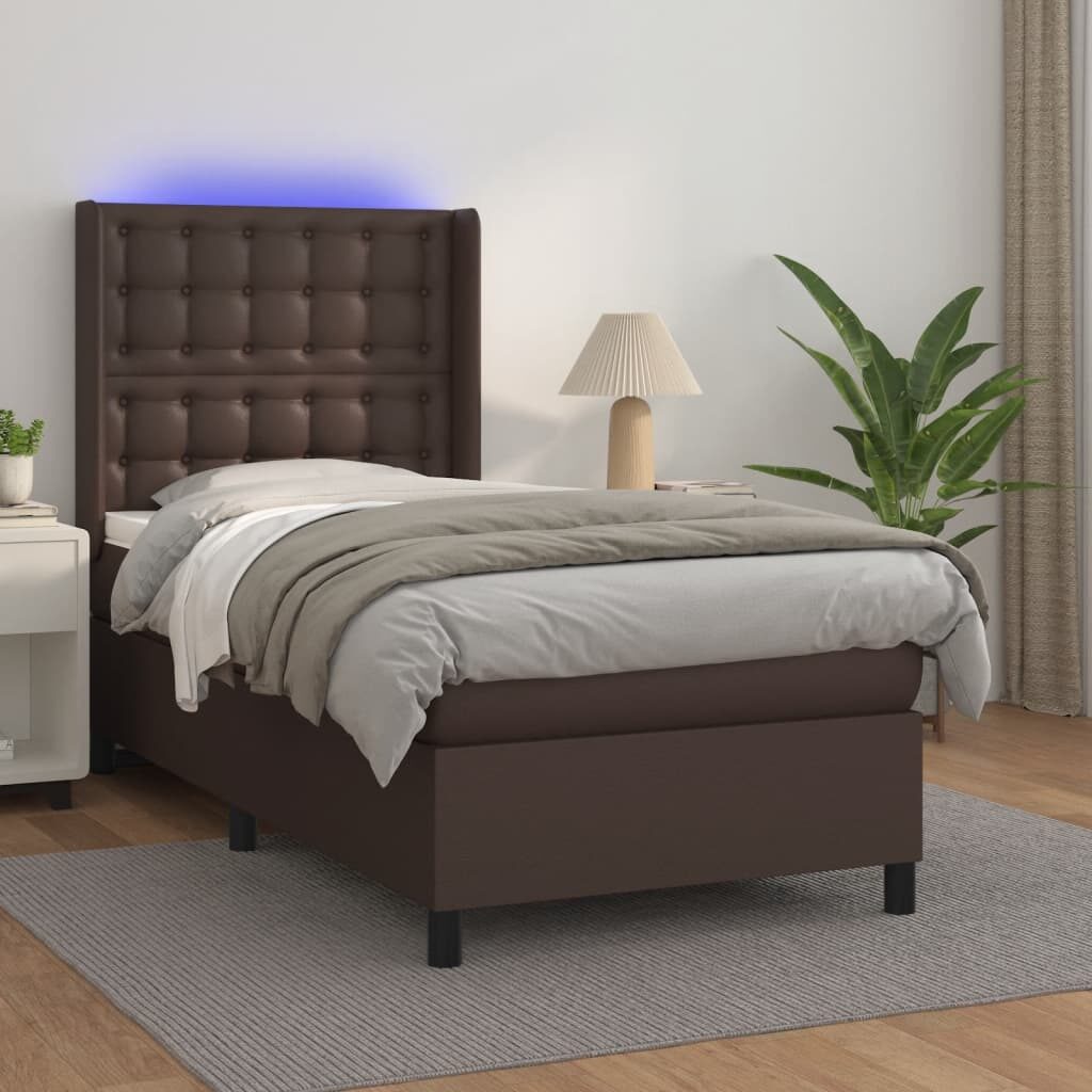 Κρεβάτι Boxspring με Στρώμα & LED Καφέ 90x200 εκ. Συνθ. Δέρμα