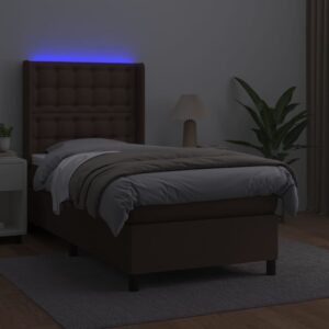 Κρεβάτι Boxspring με Στρώμα & LED Καφέ 90x200 εκ. Συνθ. Δέρμα