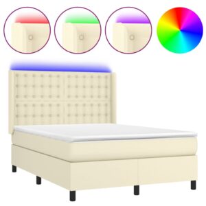 Κρεβάτι Boxspring με Στρώμα & LED Κρεμ 140x190 εκ. Συνθ. Δέρμα