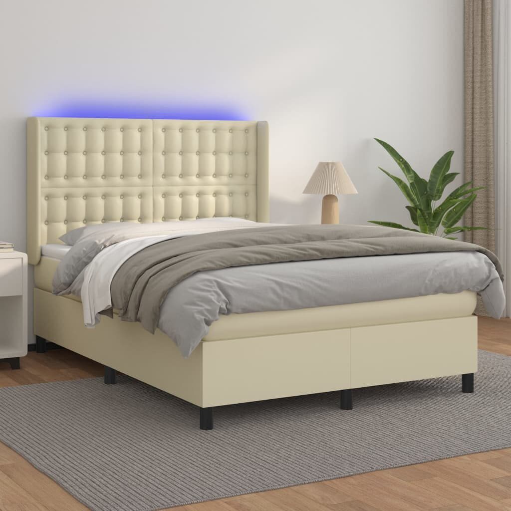 Κρεβάτι Boxspring με Στρώμα & LED Κρεμ 140x190 εκ. Συνθ. Δέρμα