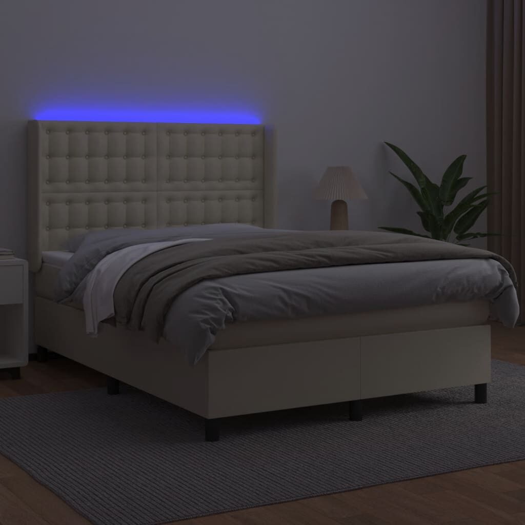 Κρεβάτι Boxspring με Στρώμα & LED Κρεμ 140x190 εκ. Συνθ. Δέρμα