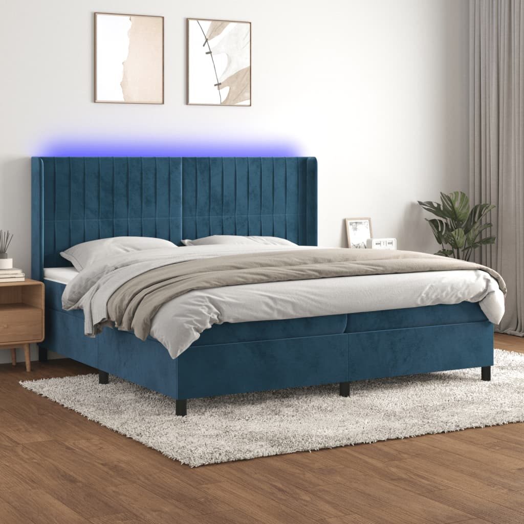 Κρεβάτι Boxspring με Στρώμα & LED Σκ. Μπλε 200x200εκ. Βελούδινο