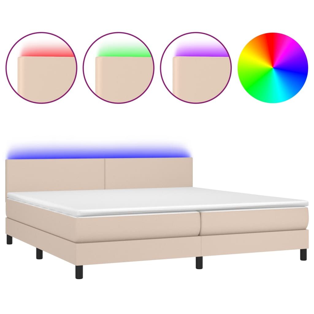 Κρεβάτι Boxspring Στρώμα&LED Καπουτσίνο 200x200 εκ. Συνθ. Δέρμα