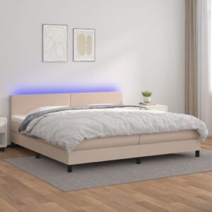 Κρεβάτι Boxspring Στρώμα&LED Καπουτσίνο 200x200 εκ. Συνθ. Δέρμα