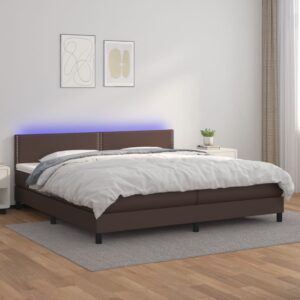 Κρεβάτι Boxspring με Στρώμα & LED Καφέ 200x200 εκ. Συνθ. Δέρμα