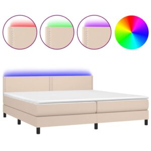 Κρεβάτι Boxspring Στρώμα&LED Καπουτσίνο 200x200 εκ. Συνθ. Δέρμα