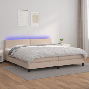 Κρεβάτι Boxspring Στρώμα&LED Καπουτσίνο 200x200 εκ. Συνθ. Δέρμα