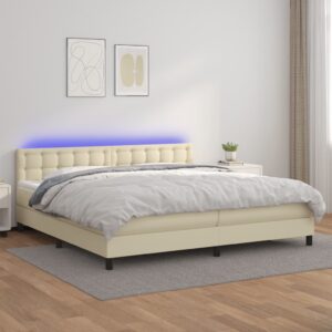 Κρεβάτι Boxspring με Στρώμα & LED Κρεμ 200x200 εκ. Συνθ. Δέρμα