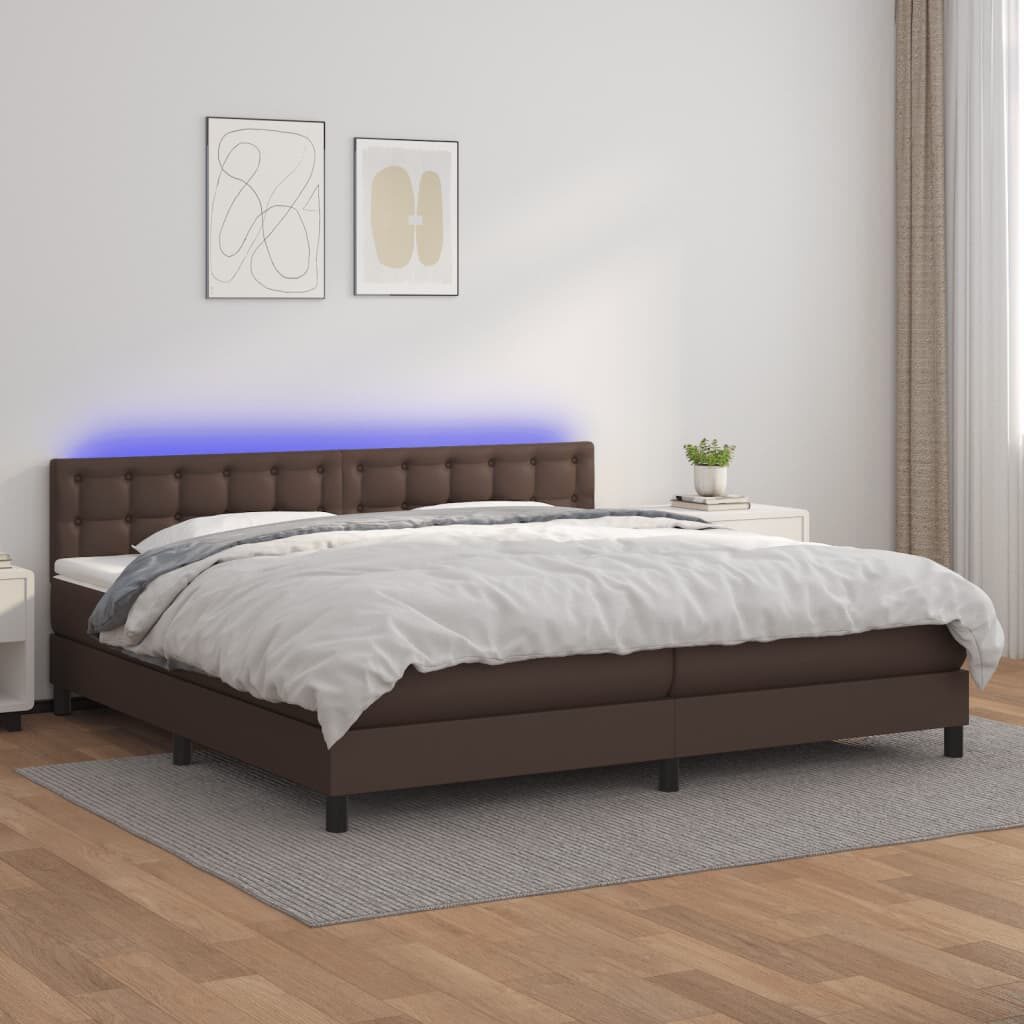 Κρεβάτι Boxspring με Στρώμα & LED Καφέ 200x200 εκ. Συνθ. Δέρμα