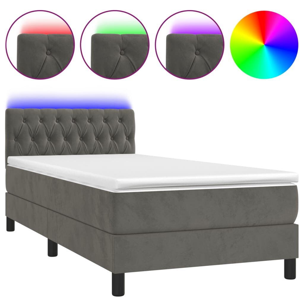 Κρεβάτι Boxspring με Στρώμα & LED Σκ. Γκρι 90x200 εκ. Βελούδινο