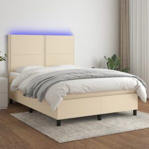 Κρεβάτι Boxspring με Στρώμα & LED Κρεμ 140x200 εκ. Υφασμάτινο