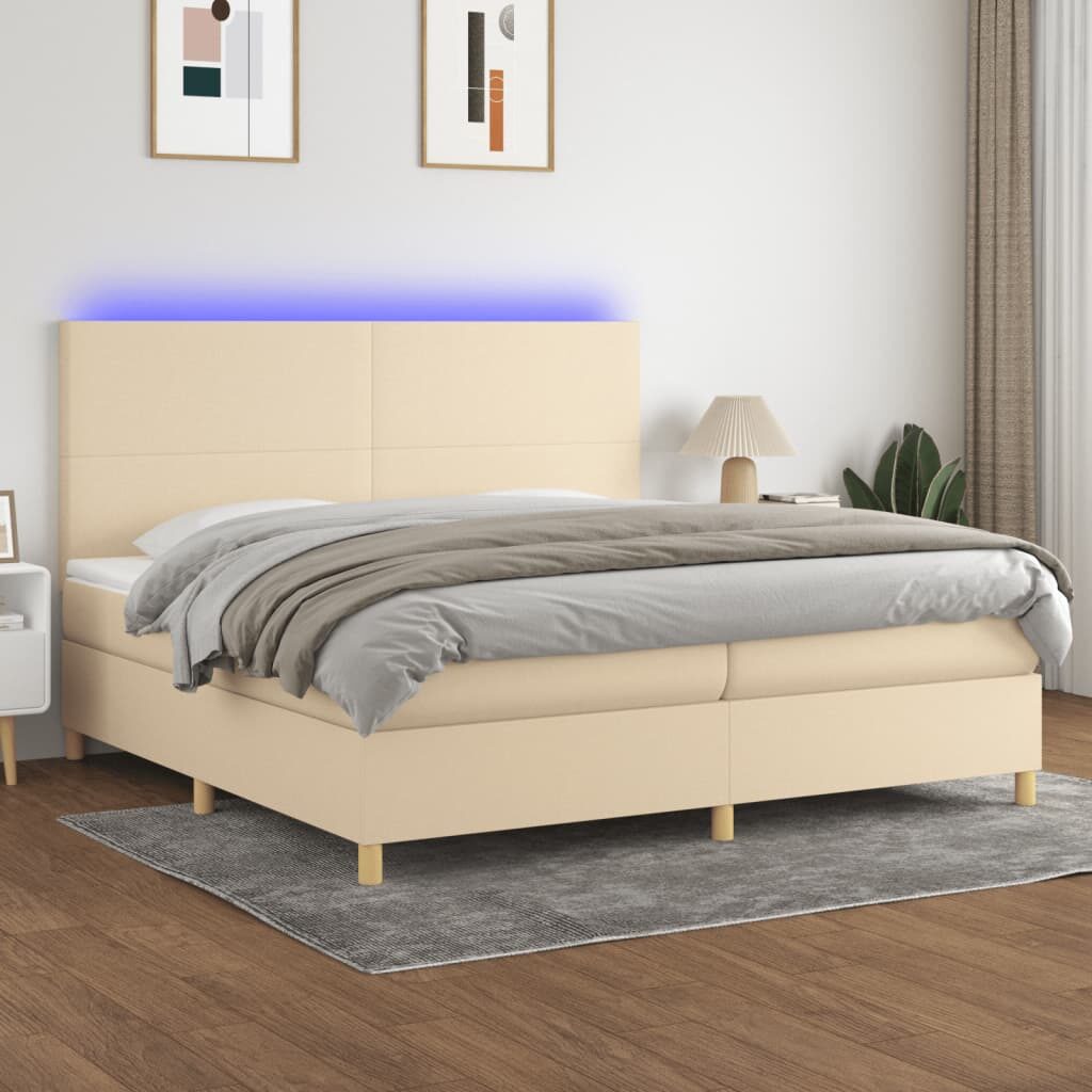 Κρεβάτι Boxspring με Στρώμα & LED Κρεμ 200x200 εκ. Υφασμάτινο