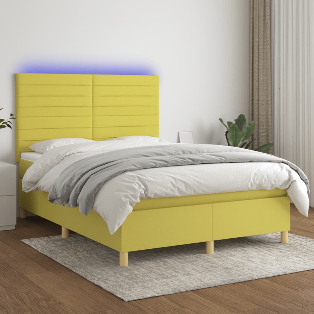 Κρεβάτι Boxspring με Στρώμα & LED Πράσινο 140x200 εκ Υφασμάτινο