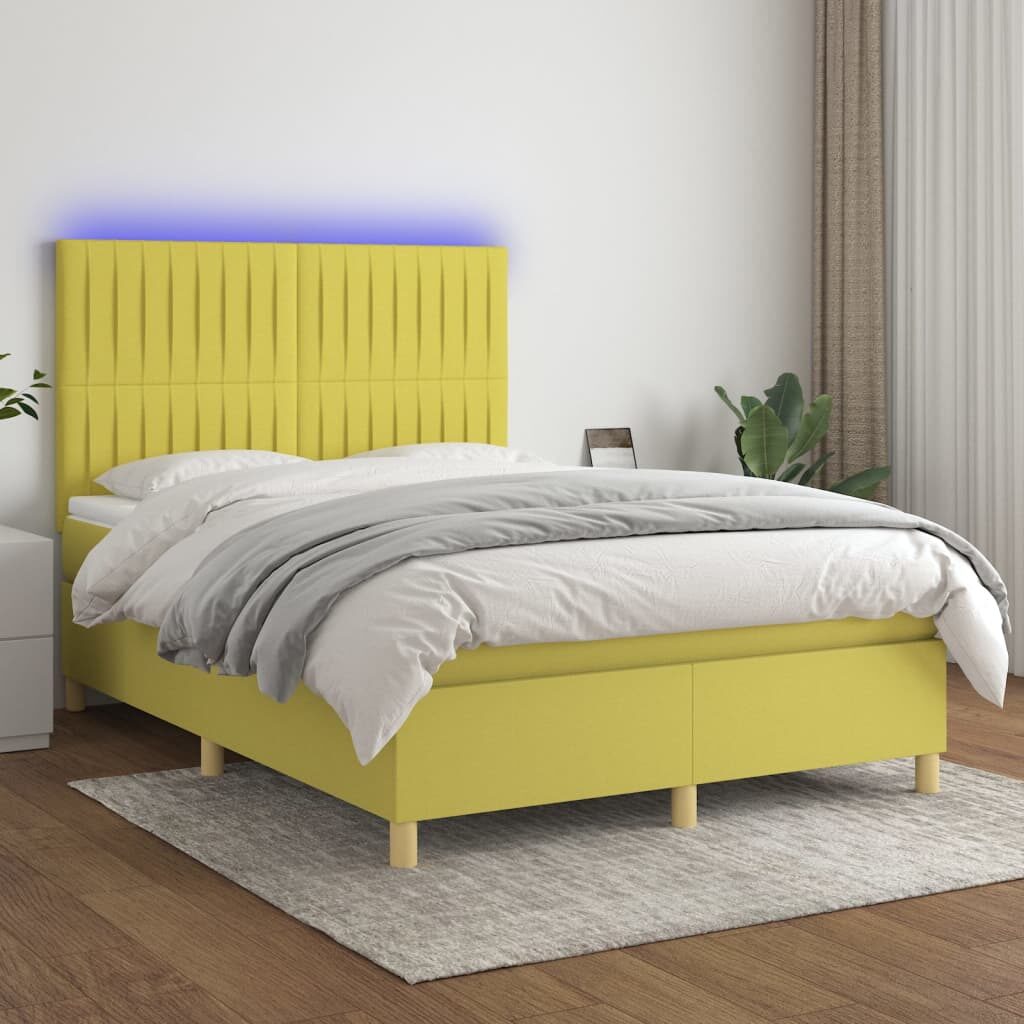 Κρεβάτι Boxspring με Στρώμα & LED Πράσινο 140x200 εκ Υφασμάτινο