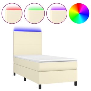 Κρεβάτι Boxspring με Στρώμα & LED Κρεμ 90x190 εκ. Συνθ. Δέρμα