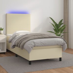 Κρεβάτι Boxspring με Στρώμα & LED Κρεμ 90x190 εκ. Συνθ. Δέρμα