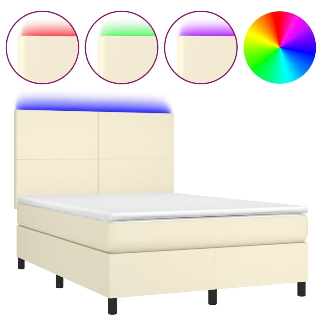 Κρεβάτι Boxspring με Στρώμα & LED Κρεμ 140x190 εκ. Συνθ. Δέρμα