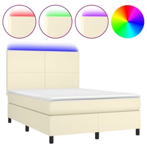 Κρεβάτι Boxspring με Στρώμα & LED Κρεμ 140x190 εκ. Συνθ. Δέρμα