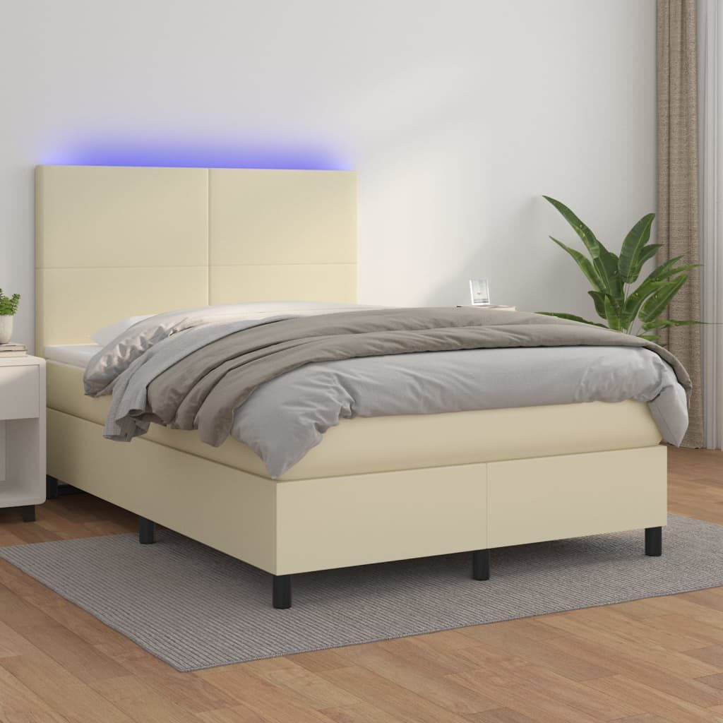 Κρεβάτι Boxspring με Στρώμα & LED Κρεμ 140x190 εκ. Συνθ. Δέρμα