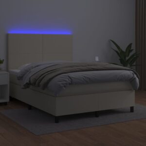 Κρεβάτι Boxspring με Στρώμα & LED Κρεμ 140x190 εκ. Συνθ. Δέρμα