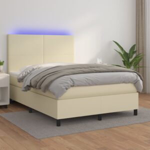 Κρεβάτι Boxspring με Στρώμα & LED Κρεμ 140x190 εκ. Συνθ. Δέρμα