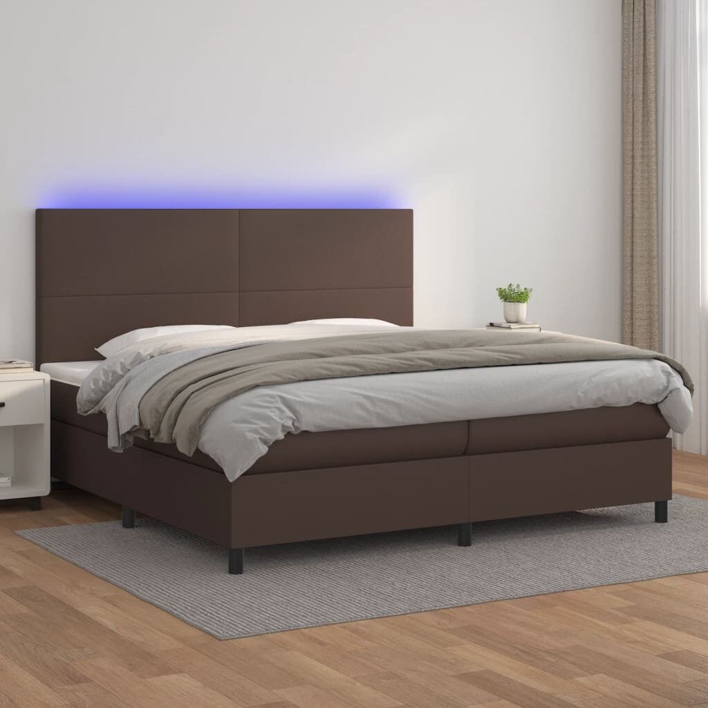 Κρεβάτι Boxspring με Στρώμα & LED Καφέ 200x200 εκ. Συνθ. Δέρμα