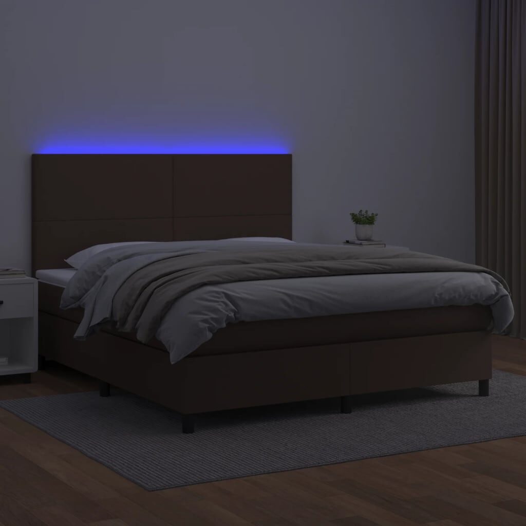 Κρεβάτι Boxspring με Στρώμα & LED Καφέ 200x200 εκ. Συνθ. Δέρμα