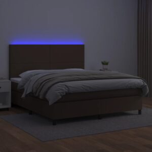 Κρεβάτι Boxspring με Στρώμα & LED Καφέ 200x200 εκ. Συνθ. Δέρμα