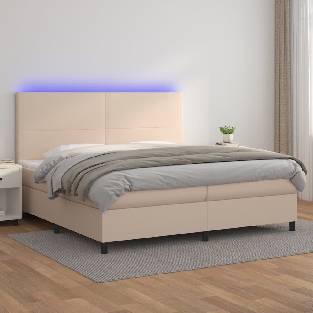 Κρεβάτι Boxspring Στρώμα&LED Καπουτσίνο 200x200 εκ. Συνθ. Δέρμα