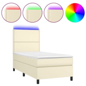 Κρεβάτι Boxspring με Στρώμα & LED Κρεμ 90x190 εκ. Συνθ. Δέρμα