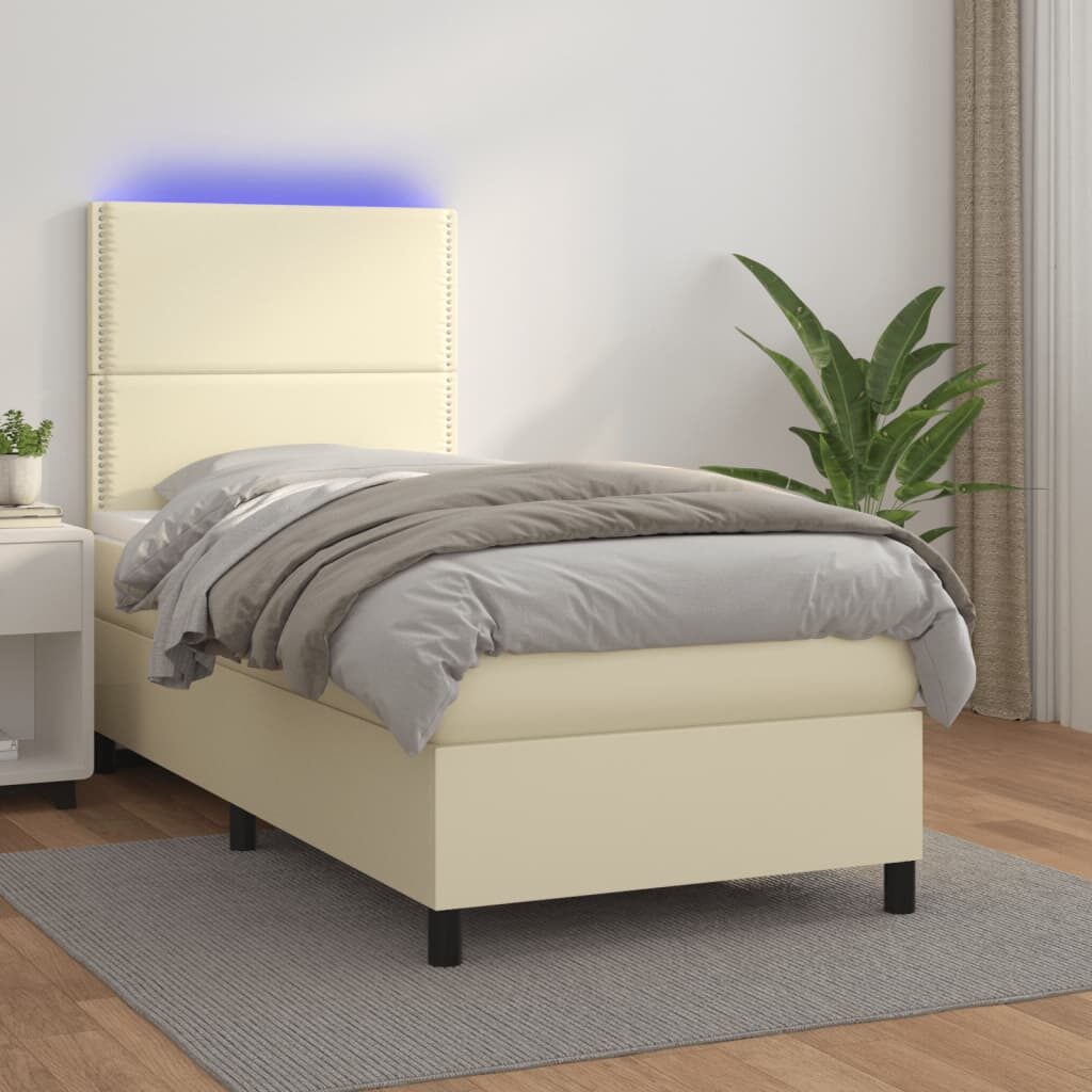 Κρεβάτι Boxspring με Στρώμα & LED Κρεμ 90x190 εκ. Συνθ. Δέρμα