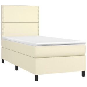 Κρεβάτι Boxspring με Στρώμα & LED Κρεμ 90x190 εκ. Συνθ. Δέρμα