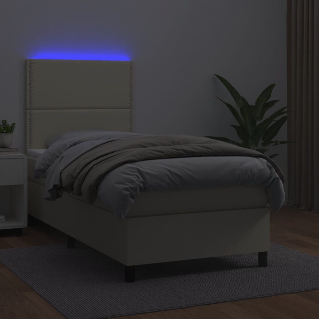 Κρεβάτι Boxspring με Στρώμα & LED Κρεμ 90x190 εκ. Συνθ. Δέρμα