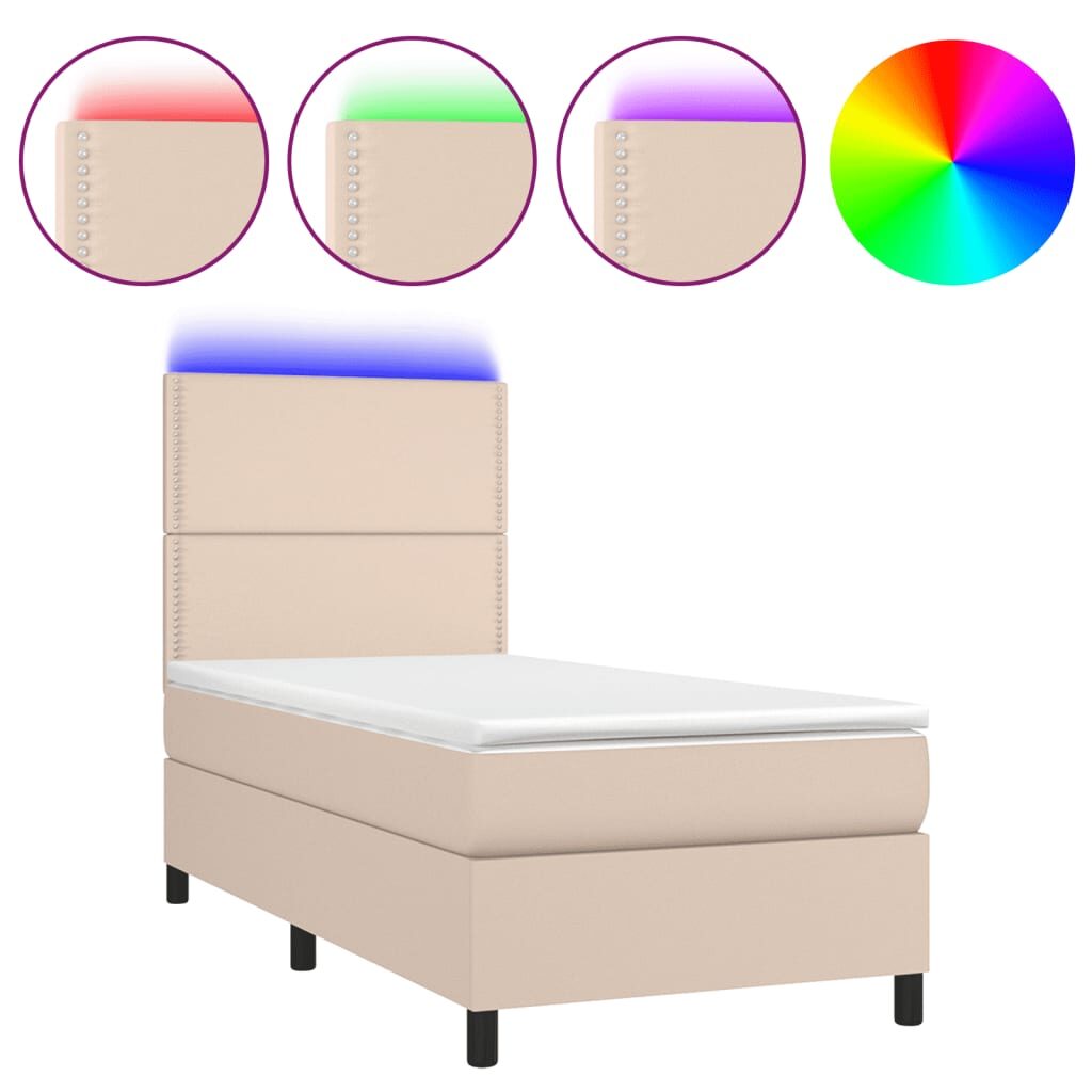 Κρεβάτι Boxspring Στρώμα&LED Καπουτσίνο 90x190 εκ. Συνθ. Δέρμα