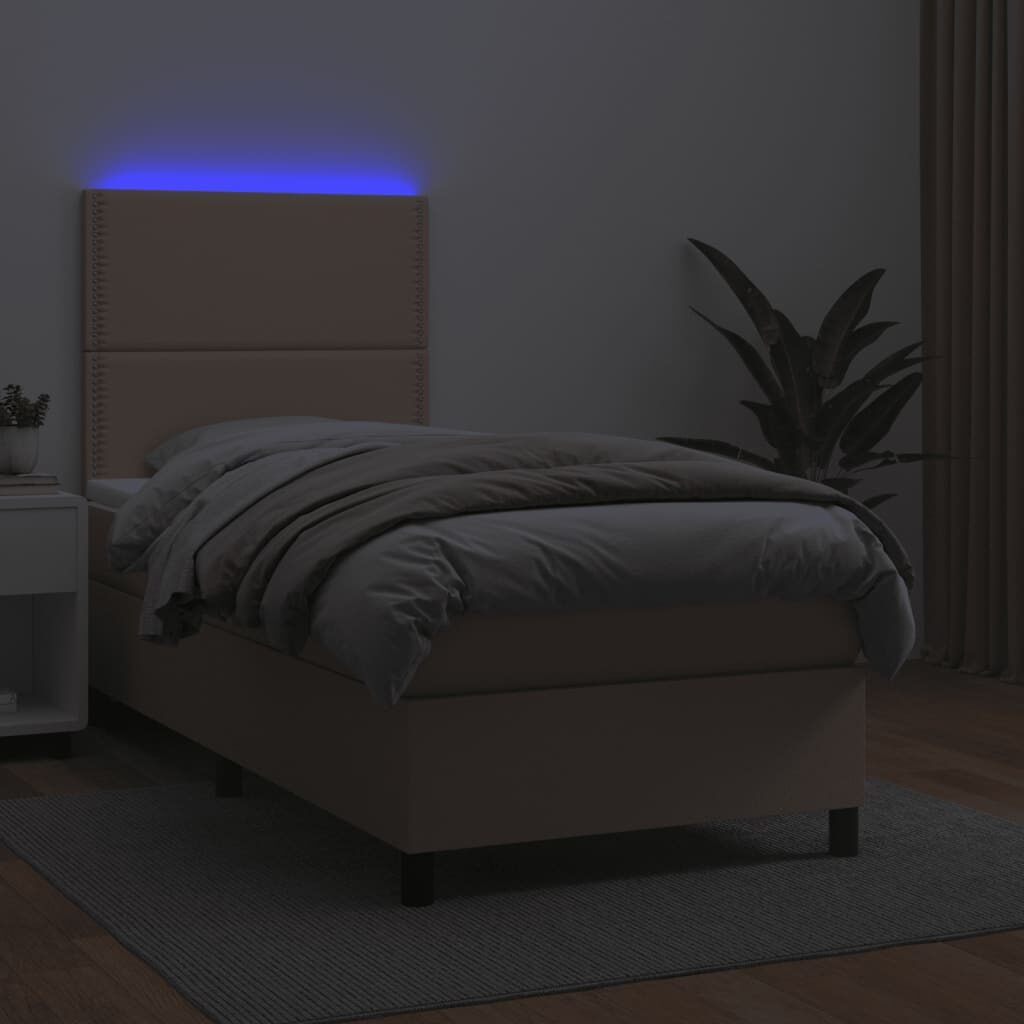 Κρεβάτι Boxspring Στρώμα&LED Καπουτσίνο 90x190 εκ. Συνθ. Δέρμα