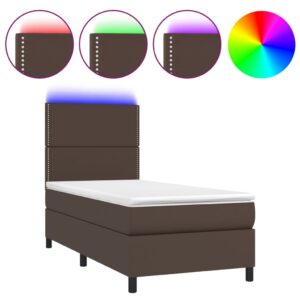 Κρεβάτι Boxspring με Στρώμα & LED Καφέ 90x200 εκ. Συνθ. Δέρμα