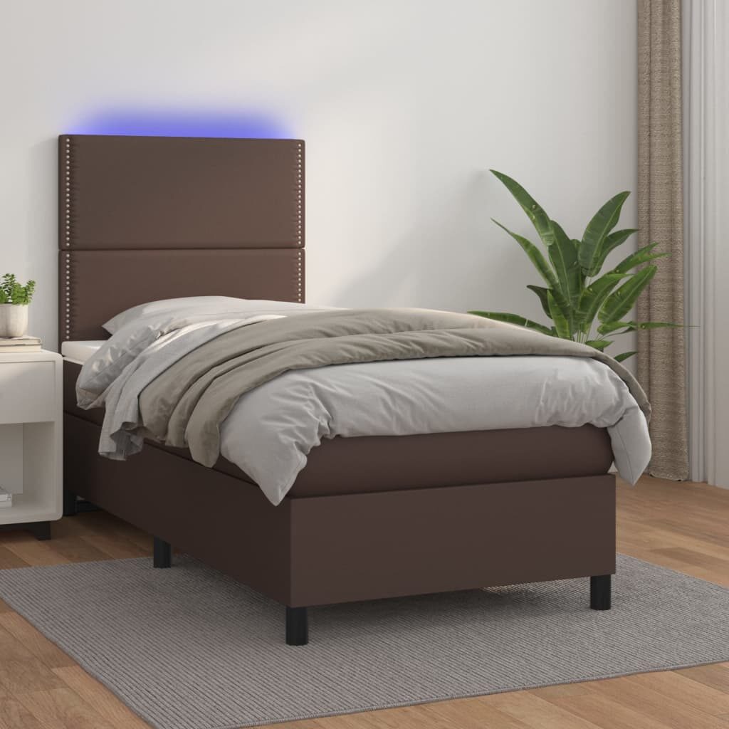 Κρεβάτι Boxspring με Στρώμα & LED Καφέ 90x200 εκ. Συνθ. Δέρμα