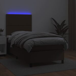 Κρεβάτι Boxspring με Στρώμα & LED Καφέ 90x200 εκ. Συνθ. Δέρμα