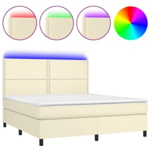 Κρεβάτι Boxspring με Στρώμα & LED Κρεμ 160x200 εκ. Συνθ. Δέρμα