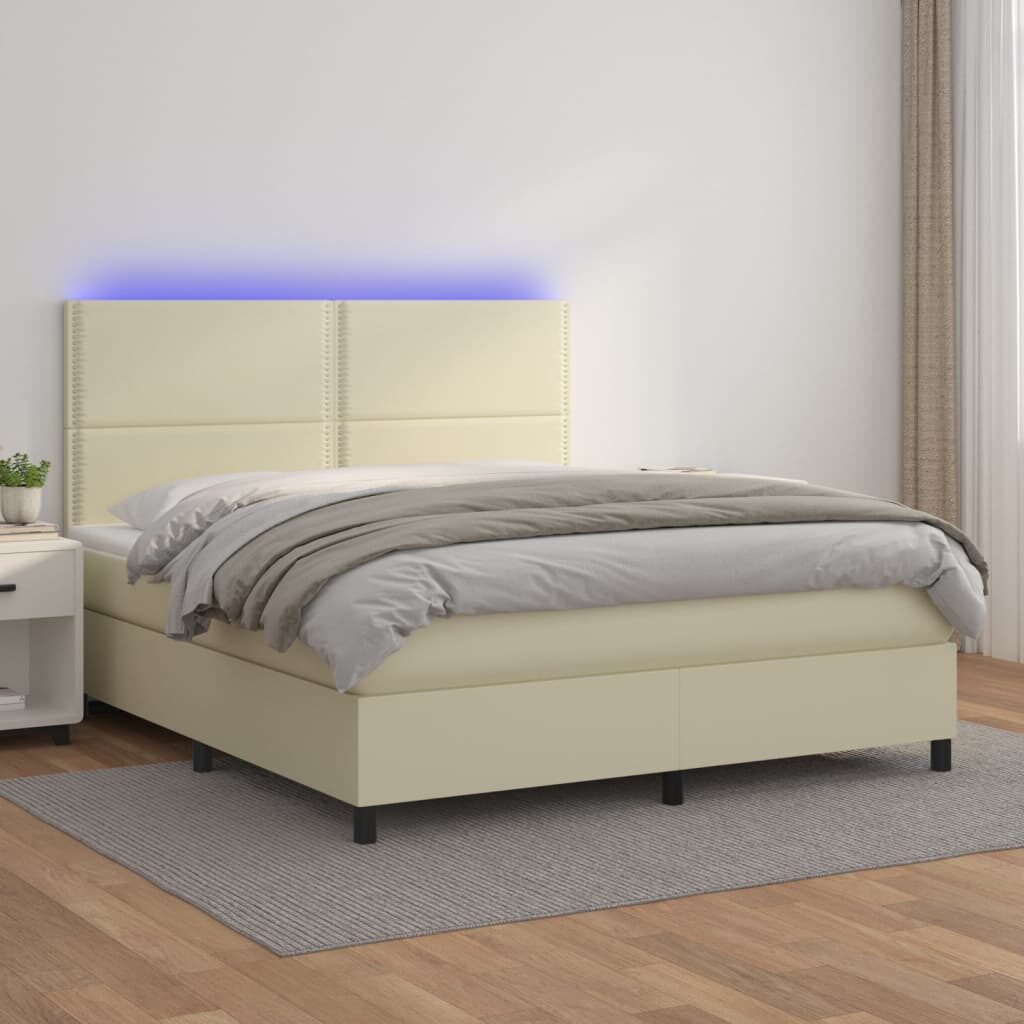 Κρεβάτι Boxspring με Στρώμα & LED Κρεμ 160x200 εκ. Συνθ. Δέρμα