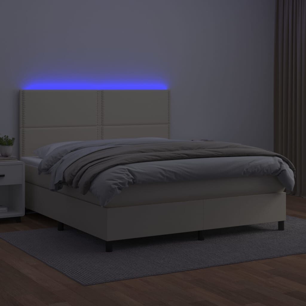 Κρεβάτι Boxspring με Στρώμα & LED Κρεμ 160x200 εκ. Συνθ. Δέρμα