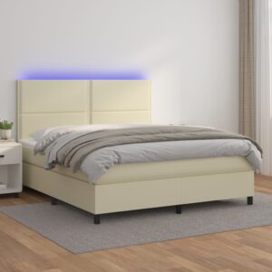 Κρεβάτι Boxspring με Στρώμα & LED Κρεμ 160x200 εκ. Συνθ. Δέρμα