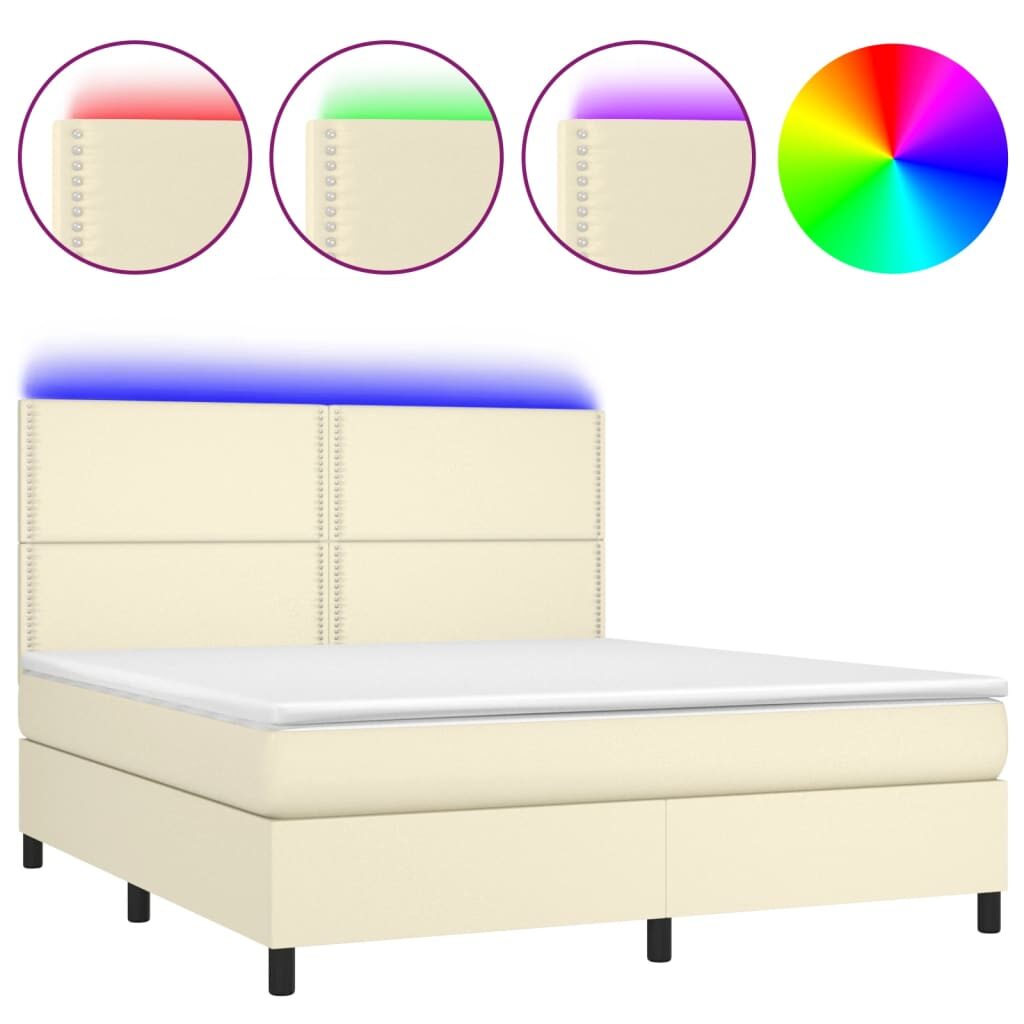 Κρεβάτι Boxspring με Στρώμα & LED Κρεμ 180x200 εκ. Συνθ. Δέρμα