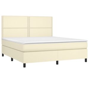 Κρεβάτι Boxspring με Στρώμα & LED Κρεμ 180x200 εκ. Συνθ. Δέρμα