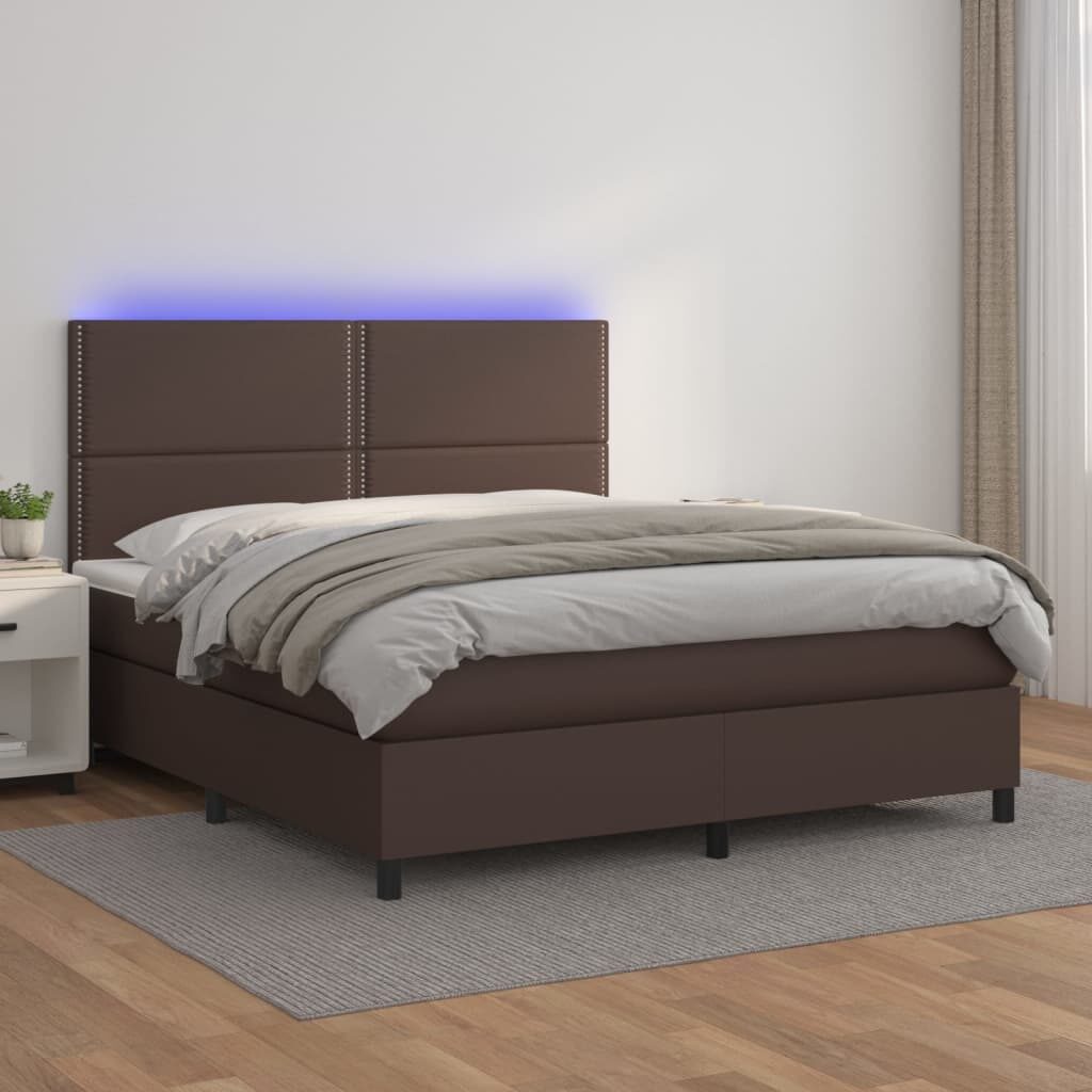 Κρεβάτι Boxspring με Στρώμα & LED Καφέ 180x200 εκ. Συνθ. Δέρμα